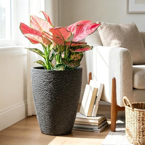 10 Inch Garden Planter Lightweight Indoor Outdoor Pots with Drainage Hole for Potted Plants Flowers Greenery, Set of 2, Black Grain Texture - color: Black Grain Texture
