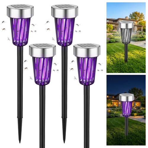 Solar Bug Zapper Outdoor Waterproof Mosquito Repellent Outdoor Patio Mosquito Trap Killer for Garden, Backyard, Farm, 2026 Solar Powered Fly Zapper for Small Flying Insect, Moths, Gnats, Flies(4Pack)