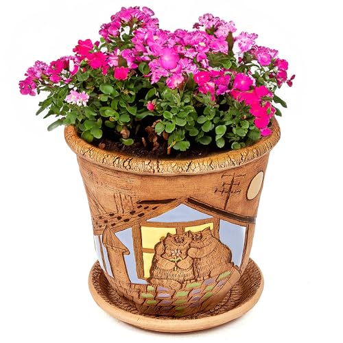 STP GOODS Ceramic Pot with Drainage Hole and Saucer, Plant Pots, Modern Decorative Planters for House Plants Indoor Flowers Plants, Cute Flower Pot - Gifts (Cats (3 L)) - color: Cats (3 L)