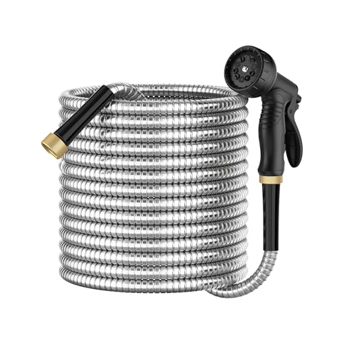 BlueGarden Metal Garden Hose 50 ft with 10 Function Nozzle,No Kinking,Flexible,Heavy Duty & Lightweight Water Pipe,Stainless Steel Outdoor Water Hose for Yard and Lawn,Non-Expandable 50 feet - size: 50ft