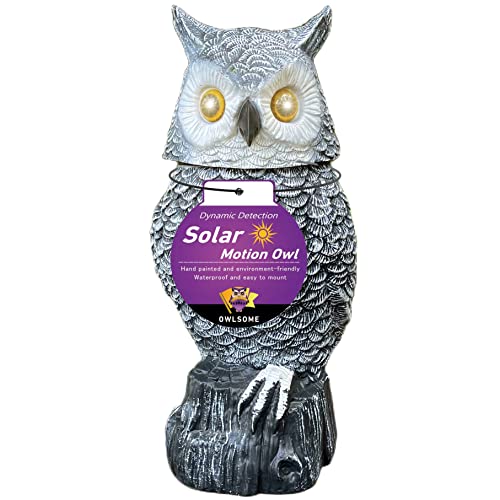 Owlsome Solar Snowy Owl with Flashing Eyes, Rotating Head, Hooting, Motion Detector and Silent Mode, Plastic Owl Garden Sculpture, Garden Decoration
