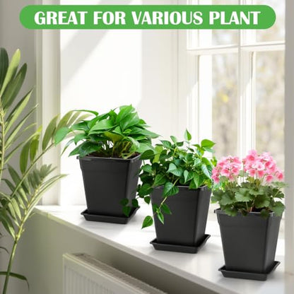 BTPLASTIK Square Plastic Planter 8 Inch, Plant Pots with Drainage Hole & Tray, 10 Pack Modern Decorative Garden Pot with Saucer, 1 Gallon Flower Pots Planters for Indoor Outdoor Plants - size: 8 INCH / 10P