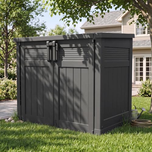 Large Outdoor Storage Box 51 Cu Ft with Pneumatic Hydraulic Lid,Horizontal Outdoor Storage Shed - Easy to Assemble, Waterproof Outdoor Storage Cabinet for Garden - color: Dark-Black, size: 33.8"×55.1"×48.4"