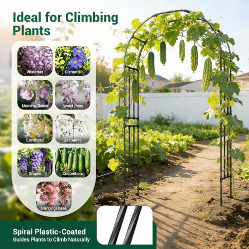 Miory Garden Arch Trellis for Climbing Plants, 1.3x7.9ft Steel with UV-Resistant PE Coating Arbor Outdoor, Vertical Support for Vines Flowers Vegetable, Wedding Archway (Black) - size: 1.3x7.9 ft