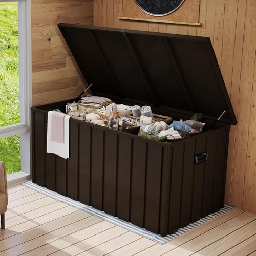 Outdoor Storage Box Metal Deck Box with Lockable Lid - color: Brown - 54.30 X 29.80 X 33.90 Inch