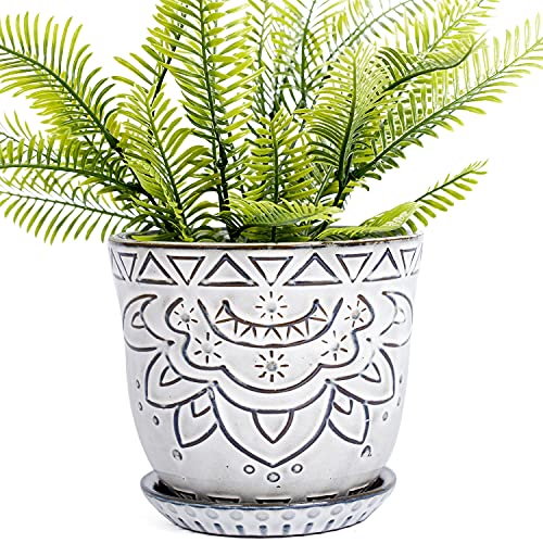 VanEnjoy 5.9 inch Round Bohemian Style Ceramic Planter, Geometry Engrave Off White Brown Succulent Planter Flower Pot, Indoor Outdoor Decorative Planter - color: Tyh, size: 5.9"