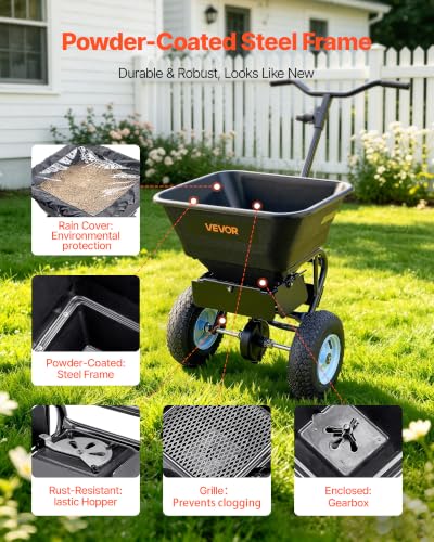 VEVOR Broadcast Spreader 100 lbs Capacity Walk-Behind Push Spreader Black | For Lawn Garden, 0-9.8 ft Spreading Width, 13 in All Terrain Pneumatic Tires, Hopper Grate for Seed Fertilizer Salt Ice Melt