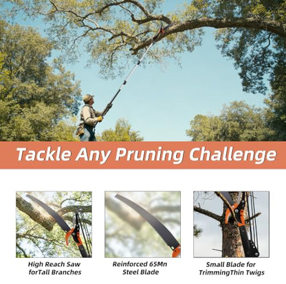 20FT Reach Manual Pole Saw, 2-in-1 Pole Pruner for Tree Trimming, 4-Section 5-12FT Retractable Square Pole, Labor-Saving Pulley & Hardened Steel Blade for Fruit, Palm, High Orchard Branches