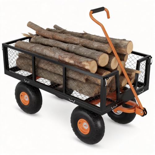 500 LBS Heavy Duty Steel Garden Cart, 3-in-1 Yard Wagon, 10" Air Tires - color: Black + Orange, size: 500LBS