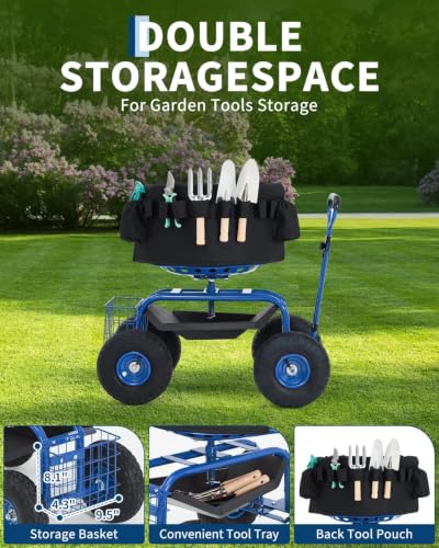 Garvee Heavy Duty Garden Cart, Garden Scooter Rolling Workseat - color: Blue With Backrest