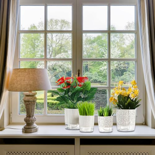 BamLue 4-piece Self Watering Plant Pot for Indoor Plants, Self Watering Planter, Flower Pots Outdoor Indoor, Planters with Drainage Hole and Tray Saucer, Houseplants Pots with Water Reservoir
