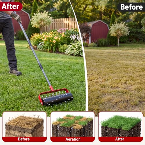 Suchtale Rolling Lawn Aerator with 42 Spikes, 71" Manual Yard Aerator Tool