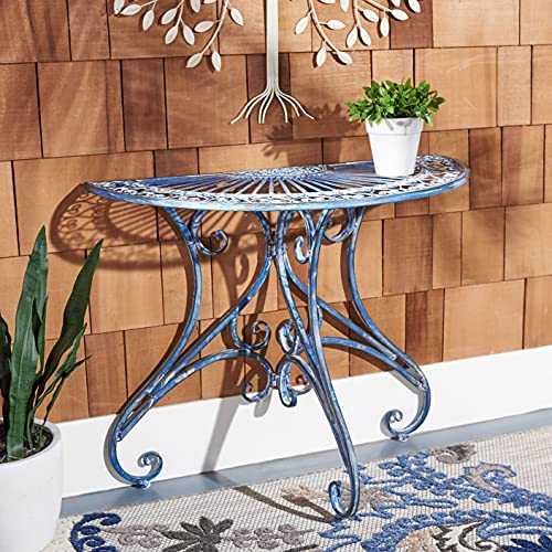 SAFAVIEH Outdoor - Annalise Half-Moon Accent Table - Mossy Blue Iron Metal - Vintage Baroque Scrollwork - Ideal for Patio, Deck, Porch, Garden, 35.5" W x 18.5" D x 29" H (PAT5008C) - color: Mossy Blue