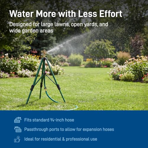 Orbit 1/2 Inch Brass Impact Sprinkler - Adjustable Metal Tripod - Long Range Lawn Watering System - 360 Degree Rotating Sprinkler - Heavy Duty Irrigation System - Adjustable 22-48 Inch Height - 58308 - style: Brass Impact Sprinkler