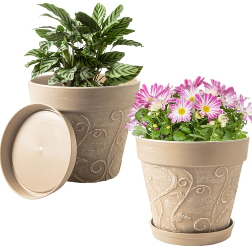 Melphoe Plant Pots Indoor with Drainage & Saucer, 2Pack 10 inch Flower Pots Outdoor Planters for Indoor Plants Garden Home Decor Cactus Succulent, Rigid Plastic (Imitation-Terracotta) Vine-Embossed - color: Undecorated Pottery Color, size: 10 inch