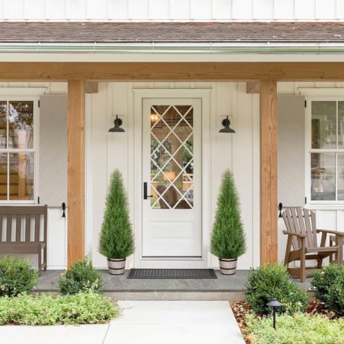 VIVATREES 3FT Artificial Cedar Topiary Trees with Rustic Barrel Planter, Outdoor Indoor Realistic Faux Pine Shrubs Plants, Fake Cypress Trees for Home Offices Porch Decor, Set of 2 - size: 3FT