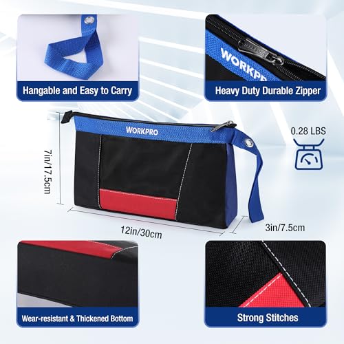 WORKPRO 12" Tool Pouches with Zipper, Heavy-Duty Small Tool Bag, Utility small tool pouch for Tool Organizers and Storage, Mini Tool Bag, 3 Pack - color: Black