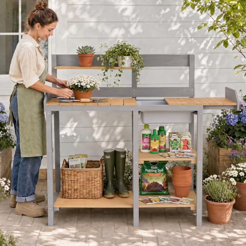 Wooden Potting Bench Table with Sink,Outdoor Garden Table Work Bench with Shelf, Workstation for Outside Lawn Patio - size: 17"x41"x43.5" w/Shelf