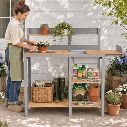 Wooden Potting Bench Table with Sink,Outdoor Garden Table Work Bench with Shelf, Workstation for Outside Lawn Patio - size: 17"x41"x43.5" w/Shelf