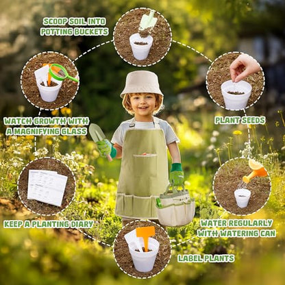 ROBOTIME Kids Gardening Tools, 17 PCS Toddler Gardening Set, Children's Gardening Tools, Metal Kids Gardening Set All in One Kit, Gardening Tools for Kids Outdoor Toys Gift for Boys and Girls - color: Green