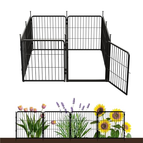 SunsGrove Garden Fence with Gate, 24 in(H) x 14.8 ft(L) 8 Panels Heavy Duty Metal Animal Barrier Fence for Yard, Suitable for Indoor or Outdoor Dog Pet Fence, Garden Fence Border, Black - color: Black, size: 24 in(H) x 14.8 ft(L) 7 Panels +1 Gate