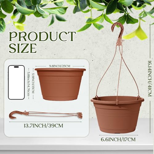 4 Pcs Hanging Planters for Indoor Plants,10" Large Plastic Hanging Basket with Drainage Trays & Chain Holder for Outdoor Indoor Plants Garden Balcony Decoration, Brown - color: Brown