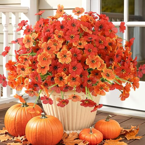 12 Bundles Artificial Mums for Outdoors Decor, UV Resistant Fall Flowers - color: Orange Mix Color, size: 12 PCS