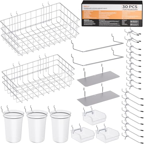 INCLY 30PCS Peg Board Organizer Accessories Kit with Bins, Cups & Baskets - color: Clear