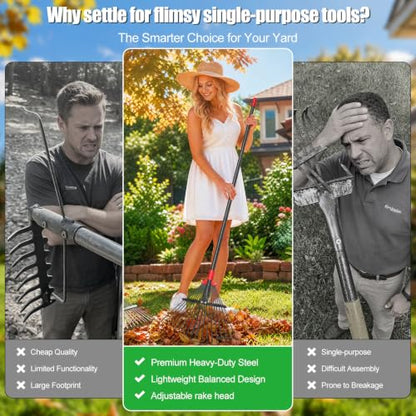 Adjustable Metal Leaf Rake for Leaves, 60 Inch Long Handle Yard Rake with 18 Metal Tines & 8-18" Expandable Head, Lightweight Garden Rake for Lawns, Grass Clippings, Pine Needles - size: 61 inch