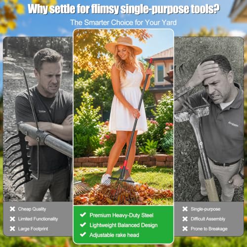 Adjustable Metal Leaf Rake for Leaves, 60 Inch Long Handle Yard Rake with 18 Metal Tines & 8-18" Expandable Head, Lightweight Garden Rake for Lawns, Grass Clippings, Pine Needles - size: 61 inch