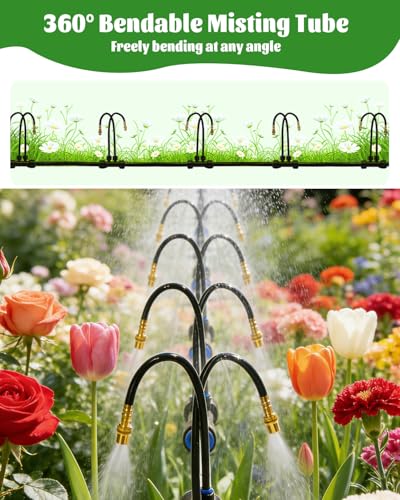 66FT Drip Irrigation System with 40 Nozzles, Automatic Drip Irrigation Kit, Garden Watering System with Dual-Head 360° Bendable Spray Nozzles for Lawn, Raised Bed (66FT, 40 Nozzles)
