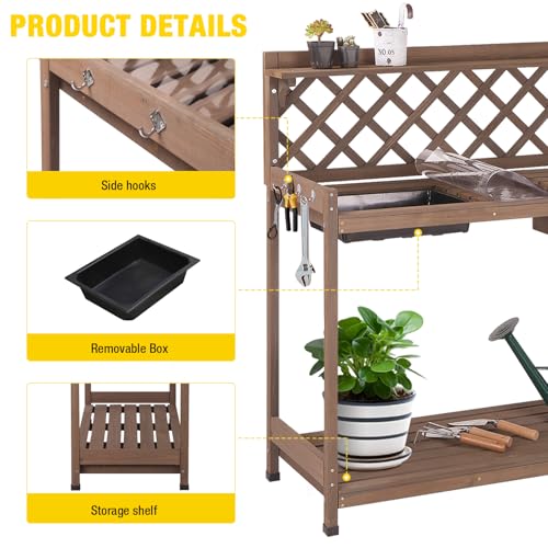 Aivituvin Potting Bench Outdoor with PVC Layer Wooden Planting Table with Sink & Lid Gardening Work Bench with Drawer, Shelf, Hook
