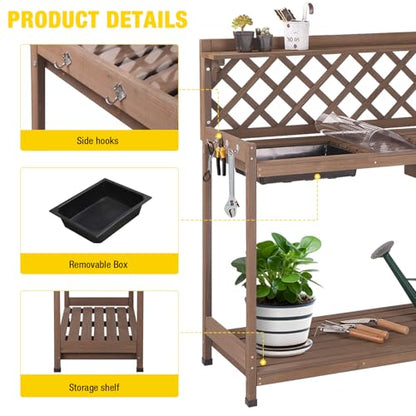 Aivituvin Potting Bench Outdoor with PVC Layer Wooden Planting Table with Sink & Lid Gardening Work Bench with Drawer, Shelf, Hook