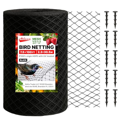 ATICCA 7.5 x 100 FT Heavy Duty Bird Netting for Garden, 10 Stakes, Black - size: 7.5x100 Bird Netting