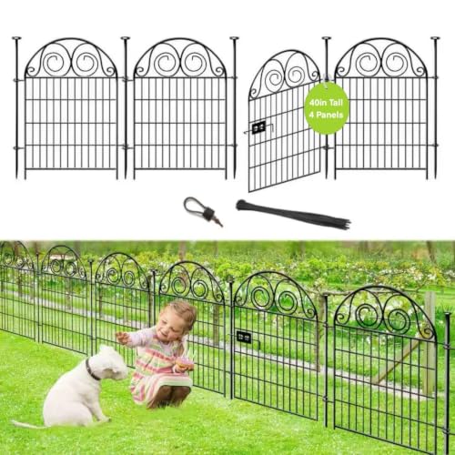 Getlay Tall Garden Fence with Gate, 40 Inch(H) 4 Panels Total Length 8.8 Ft Dog Fences Outdoor for Yard, Black Metal No Dig Fencing for Dogs, Reusable Decorative Fence for Garden│Patented - size: 40''(H)-4panels-8.8ft(L)