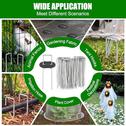 Ground Staples with Rubber Hammer,Pick Hook and Gloves,6Inch 100pcs Galvanized Garden Pegs+ 100pcs Gaskets,Anti-Rust,U-Shaped Lawn Spikes,Landscaping Fabric Pins for Weed Barrier,Yard Grass Cover