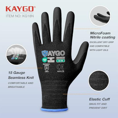 KAYGO Safety Work Gloves, MicroFoam Nitrile Coated, Men Women,KG18N - color: Black, size: XX-Large