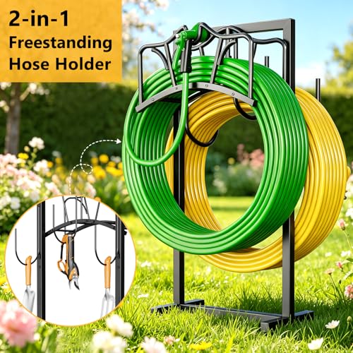Garden Hose Holder Holds 2 x 150FT Hoses, Freestanding Hose Holder with 4 Spikes, Rustproof Water Hose Holder Storage for Outside Yard Lawn Farm