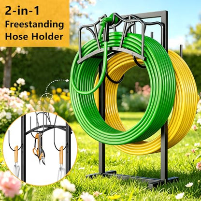 Garden Hose Holder Holds 2 x 150FT Hoses, Freestanding Hose Holder with 4 Spikes, Rustproof Water Hose Holder Storage for Outside Yard Lawn Farm