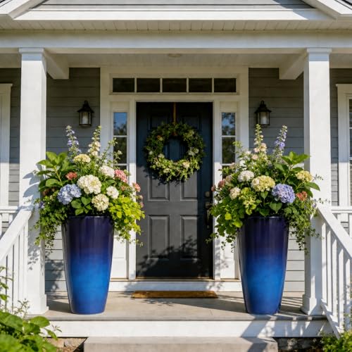 22.8" Gradient Blue Resin Tall Outdoor Planters with Drainage Holes - color: 22.8"h-faux Blue Ceramic