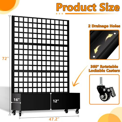 MTART Metal Planter Box with Trellis, 72"x47"x16" Outdoor Galvanized Raised Garden Bed with Privacy Screen & Drainage Holes & Lockable Casters for Climbing Plants, Vegetable, Vines (Black-Grid) - color: Black-grid