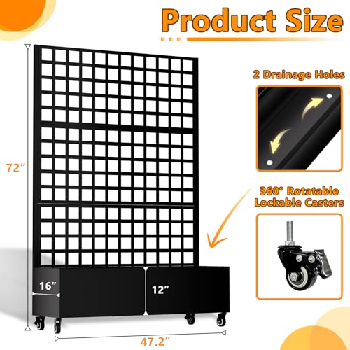 MTART Metal Planter Box with Trellis, 72"x47"x16" Outdoor Galvanized Raised Garden Bed with Privacy Screen & Drainage Holes & Lockable Casters for Climbing Plants, Vegetable, Vines (Black-Grid) - color: Black-grid
