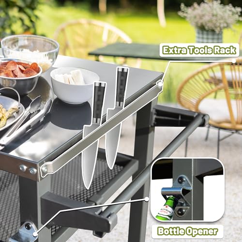 Domi 3-Shelf Outdoor Grill Table, Grill Cart with Wheels, Outdoor Pizza Oven and Food Prep Table, Blackstone with Stainless Steel Tabletop, BBQ Stand for Blackstone Griddle for Outside BBQ - style: Stainless Steel Tabletop+Mesh Shelf