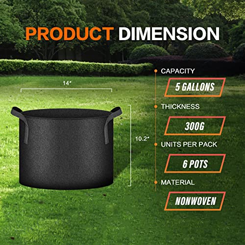iPower Plant Grow Bag 5 Gallon 6-Pack Heavy Duty Fabric Pots, 300g Thick Nonwoven Fabric Containers Aeration with Nylon Handles, for Planting Vegetables, Fruits, Flowers, Black 2024 Version - color: Black, size: 5 Gallon
