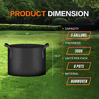 iPower Plant Grow Bag 5 Gallon 6-Pack Heavy Duty Fabric Pots, 300g Thick Nonwoven Fabric Containers Aeration with Nylon Handles, for Planting Vegetables, Fruits, Flowers, Black 2024 Version - color: Black, size: 5 Gallon