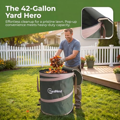42 Gallon Collapsible Pop-Up Trash Can,Leaf Bag,22"x26",Green