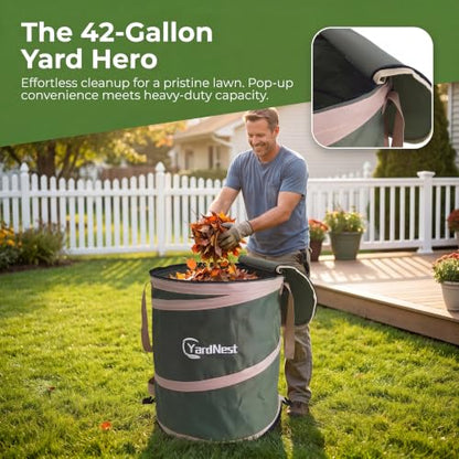 42 Gallon Collapsible Pop-Up Trash Can,Leaf Bag,22"x26",Green