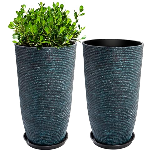 QCQHDU Set of 2 Large Tall Blue Planters with Saucer - 9 Gallon 12" Diameter x 21" H Faux Stone Round Pots for Indoor Plants, Outdoor Patio & Porch Decor, Heavy Duty Weatherproof Plant Containers - color: Blue