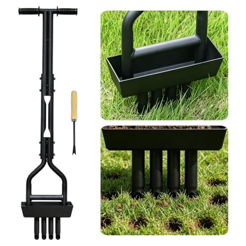 4-Tine Lawn Aerator with Soil Tray – 39.5" Manual Coring Tool for Grass, Yard & Compacted Soil – 4.5" Hollow Tines, Upgraded 4-Tine Design