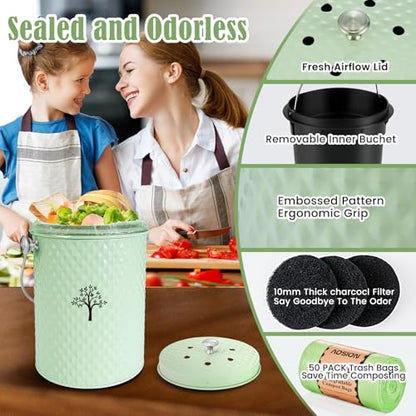 AOSION Countertop Compost Bin, Odor-Free Food Waste Container with 50 Bags - color: Green